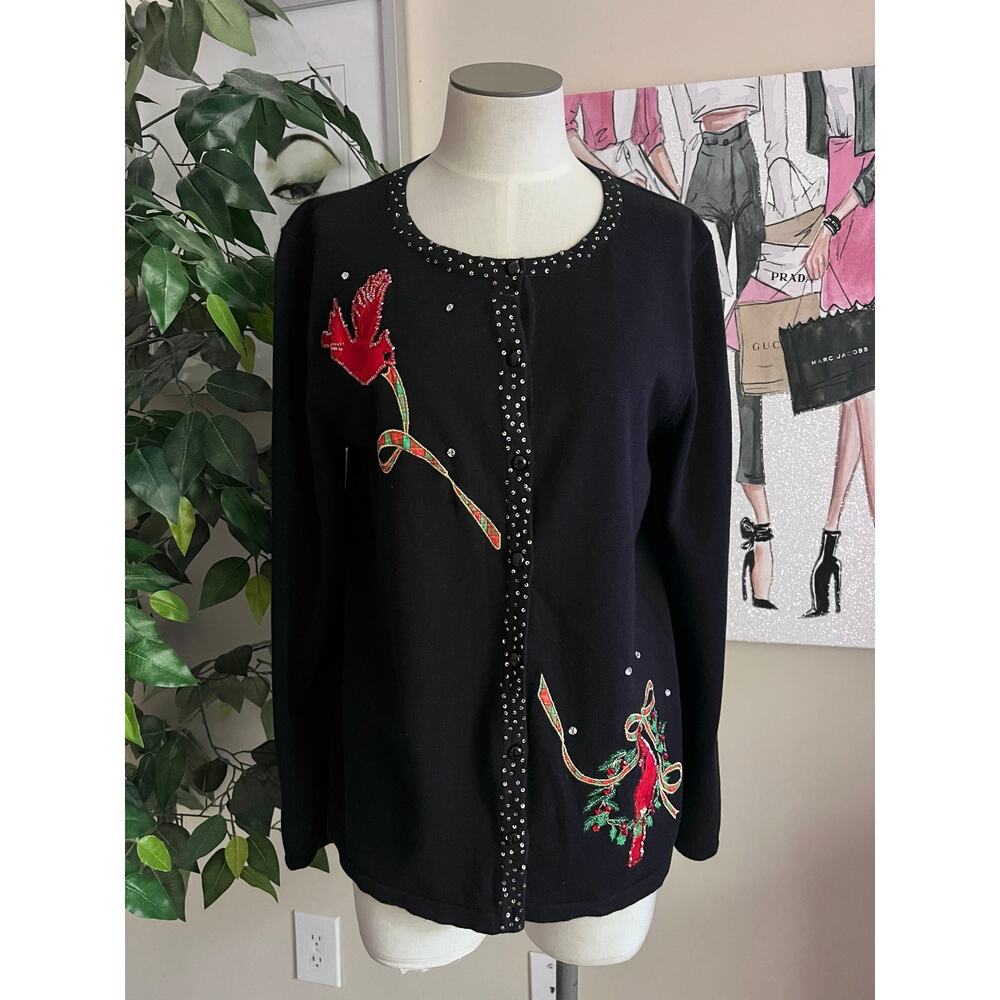 Vintage Holiday Christmas Designers Originals Plaid Embroidered Cardigan Sz M
